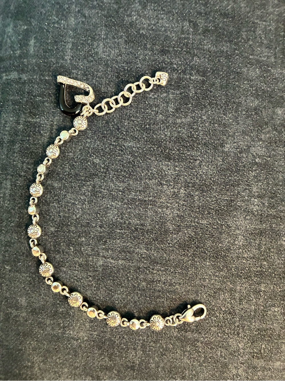 Brighton Silver Floral Link Bracelet with Black Heart Charm Accent